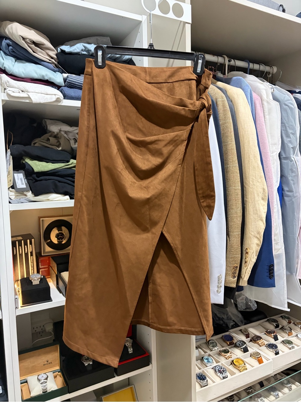 Commense Cognac Brown Wrap-Midi Skirt with Side Knot